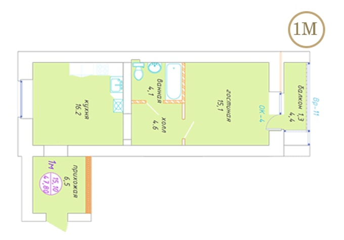 Планировка 1-комнатные квартиры, 47.8 m2 в ЖК Adam Armany, в г. Нур-Султана (Астаны)