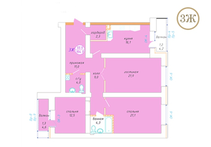 Планировка 3-комнатные квартиры, 104.7 m2 в ЖК Adam Armany, в г. Нур-Султана (Астаны)
