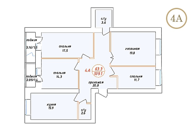 Планировка 4-комнатные квартиры, 109.1 m2 в ЖК Adam Armany, в г. Нур-Султана (Астаны)