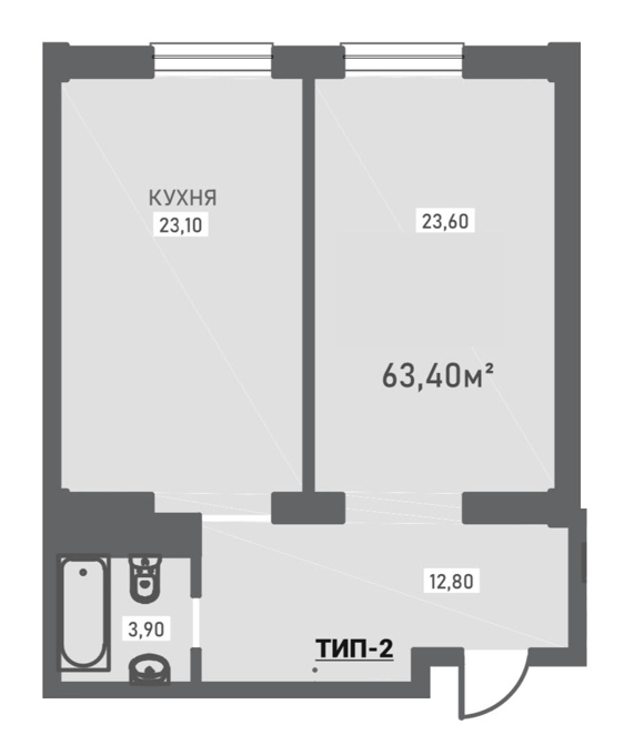 Планировка 2-комнатные квартиры, 63.3 m2 в ЖК Shahar, в г. Алматы