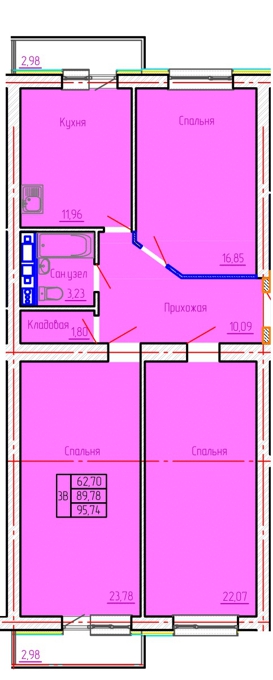 Планировка 3-комнатные квартиры, 95.74 m2 в ЖК Emeralds, в г. Усть-Каменогорска