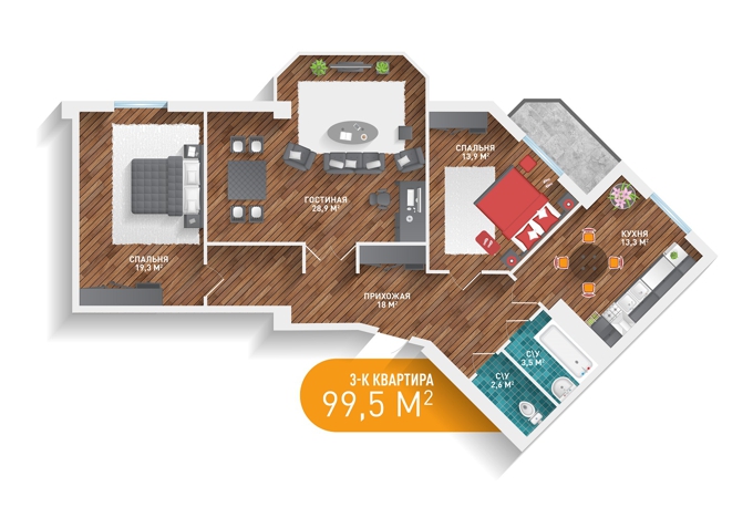 Планировка 3-комнатные квартиры, 99.5 m2 в ЖК Sherqala, в г. Актау