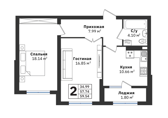 Планировка 2-комнатные квартиры, 59.54 m2 в ЖК Family, в г. Алматы