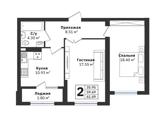 Планировка 2-комнатные квартиры, 61.49 m2 в ЖК Family, в г. Алматы
