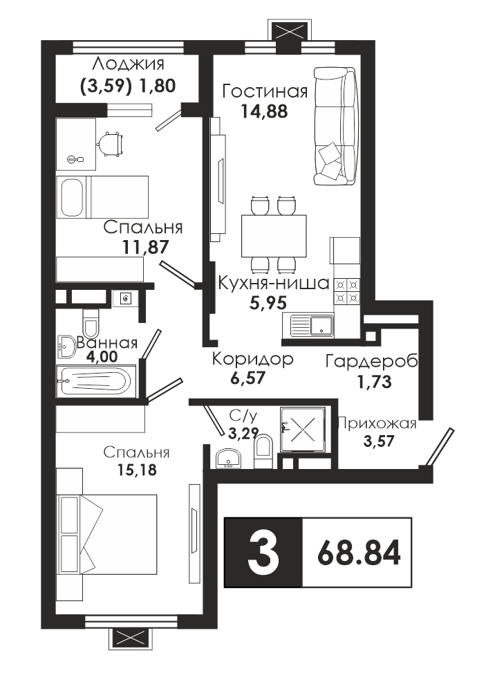 Планировка 3-комнатные квартиры, 68.84 m2 в ЖК Центральный Сквер, в г. Нур-Султана (Астаны)