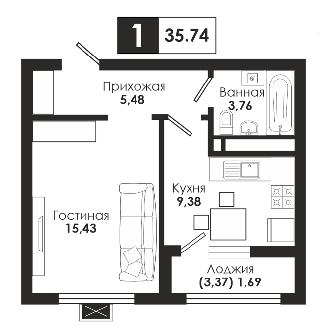 Планировка 1-комнатные квартиры, 35.74 m2 в ЖК Центральный Сквер, в г. Нур-Султана (Астаны)