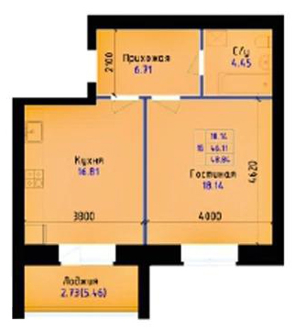 Планировка 1-комнатные квартиры, 48.84 m2 в ЖК Жана-Алтай, в г. Кокшетау
