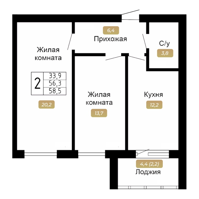 Планировка 2-комнатные квартиры, 58.5 m2 в ЖК Отау 3, в г. Караганды