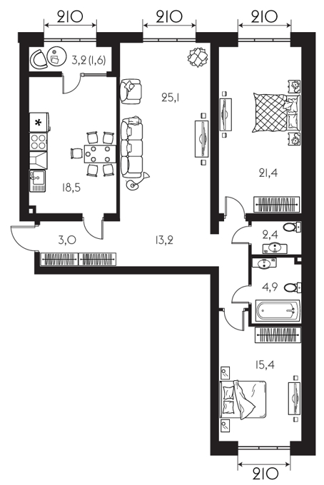 Планировка 3-комнатные квартиры, 108 m2 в ЖК Everest, в г. Алматы