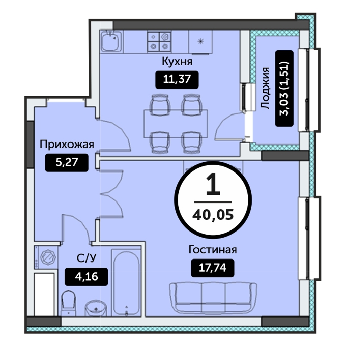 Планировка 1-комнатные квартиры, 40.05 m2 в ЖК Q-Smart, в г. Нур-Султана (Астаны)