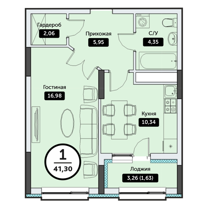Планировка 1-комнатные квартиры, 41.3 m2 в ЖК Q-Smart, в г. Нур-Султана (Астаны)