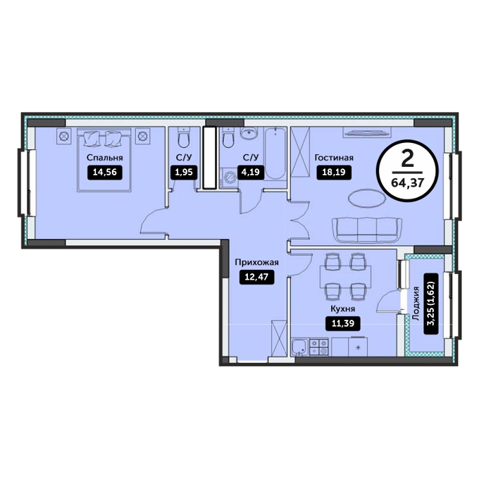 Планировка 2-комнатные квартиры, 64.37 m2 в ЖК Q-Smart, в г. Нур-Султана (Астаны)
