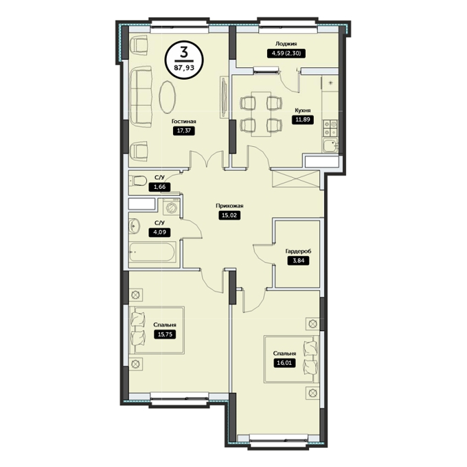 Планировка 3-комнатные квартиры, 87.93 m2 в ЖК Q-Smart, в г. Нур-Султана (Астаны)