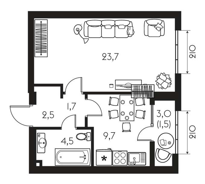 Планировка 1-комнатные квартиры, 42.4 m2 в ЖК Everest, в г. Алматы