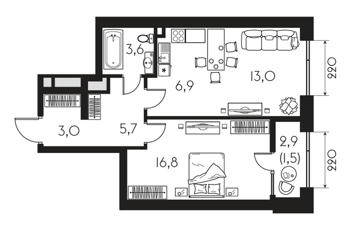 Планировка 2-комнатные квартиры, 51.1 m2 в ЖК Everest, в г. Алматы