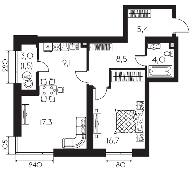 Планировка 2-комнатные квартиры, 63.1 m2 в ЖК Everest, в г. Алматы