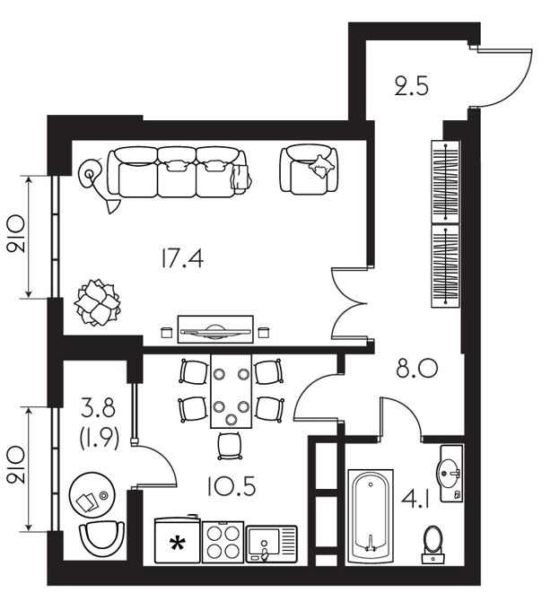 Планировка 1-комнатные квартиры, 45.1 m2 в ЖК Everest, в г. Алматы