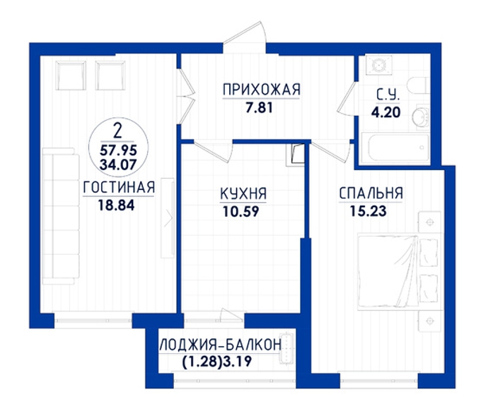 Планировка 2-комнатные квартиры, 57.26 m2 в ЖК Ozen, в г. Нур-Султана (Астаны)