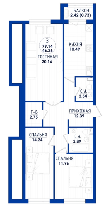 Планировка 3-комнатные квартиры, 78.35 m2 в ЖК Ozen, в г. Нур-Султана (Астаны)