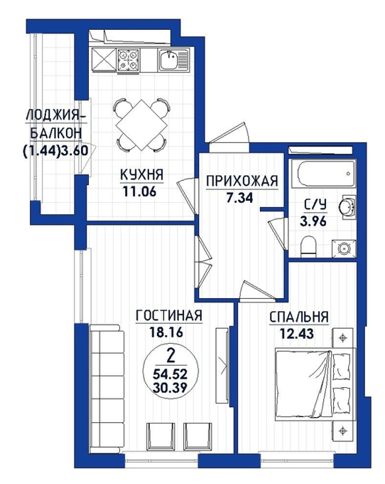 Планировка 2-комнатные квартиры, 54.31 m2 в ЖК Ozen, в г. Нур-Султана (Астаны)