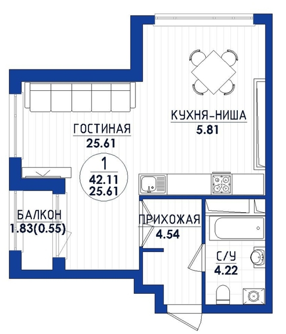 Планировка 1-комнатные квартиры, 40.08 m2 в ЖК Ozen, в г. Нур-Султана (Астаны)