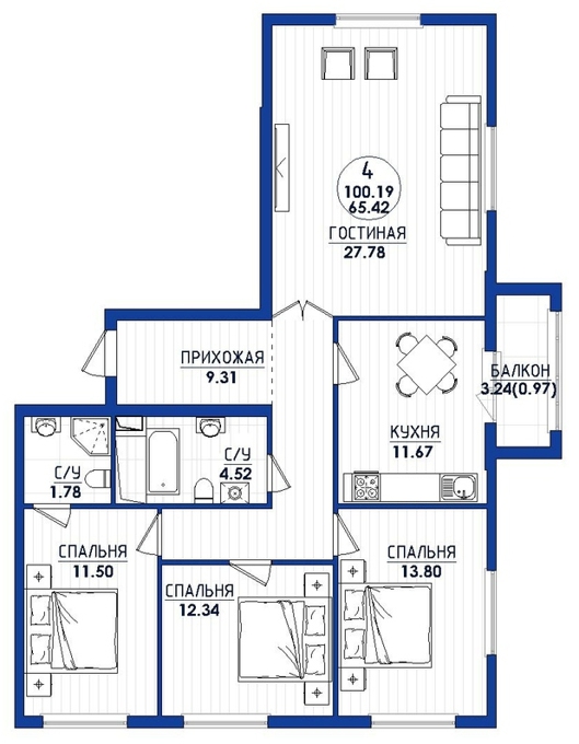 Планировка 4-комнатные квартиры, 99.86 m2 в ЖК Ozen, в г. Нур-Султана (Астаны)