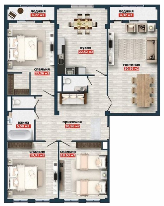 Планировка 4-комнатные квартиры, 157.8 m2 в ЖК Avant-Garde, в г. Атырау