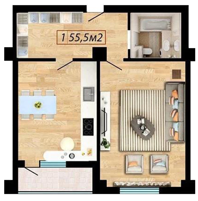 Планировка 1-комнатные квартиры, 55.5 m2 в ЖК Caspian City, в г. Актау