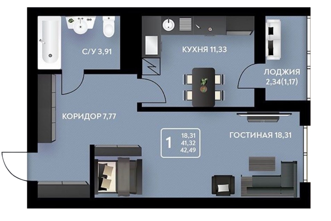 Планировка 1-комнатные квартиры, 42.49 m2 в ЖК Inju City, в г. Караганды