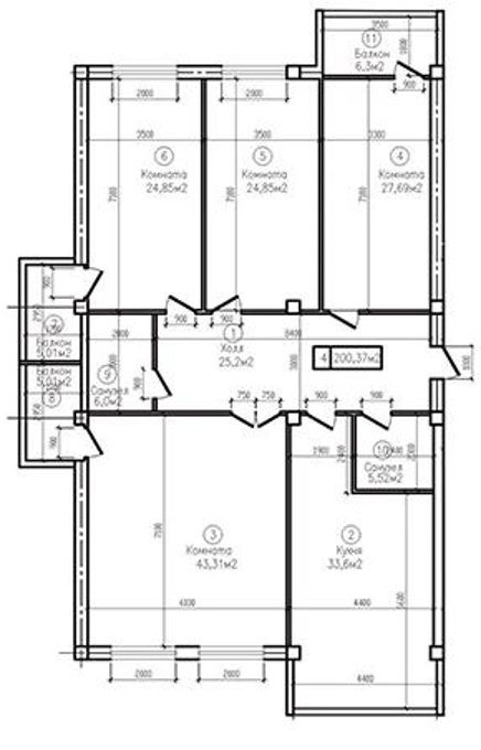 Планировка 4-комнатные квартиры, 200.37 m2 в ЖК NK Towers, в г. Актау