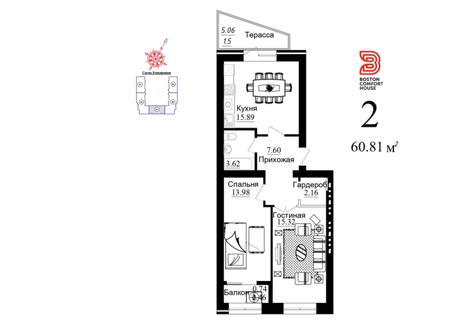 Планировка 2-комнатные квартиры, 60.81 m2 в ЖК Boston Comfort House 2, в г. Нур-Султана (Астаны)