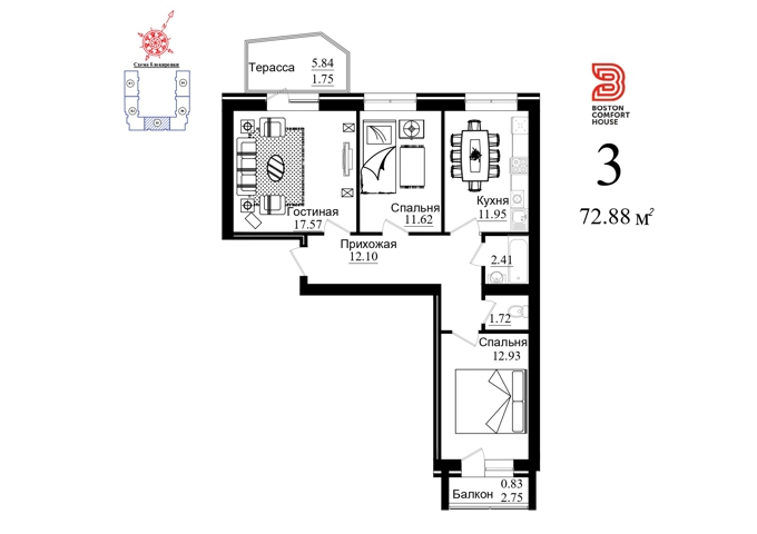 Планировка 3-комнатные квартиры, 72.88 m2 в ЖК Boston Comfort House 2, в г. Нур-Султана (Астаны)