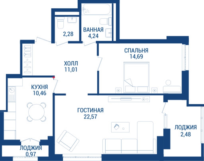 Планировка 2-комнатные квартиры, 68.7 m2 в ЖК Discovery, в г. Нур-Султана (Астаны)