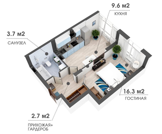 Планировка 1-комнатная квартиры, 32.3 m2 в МЖК Астана, в г. Нур-Султана (Астаны)