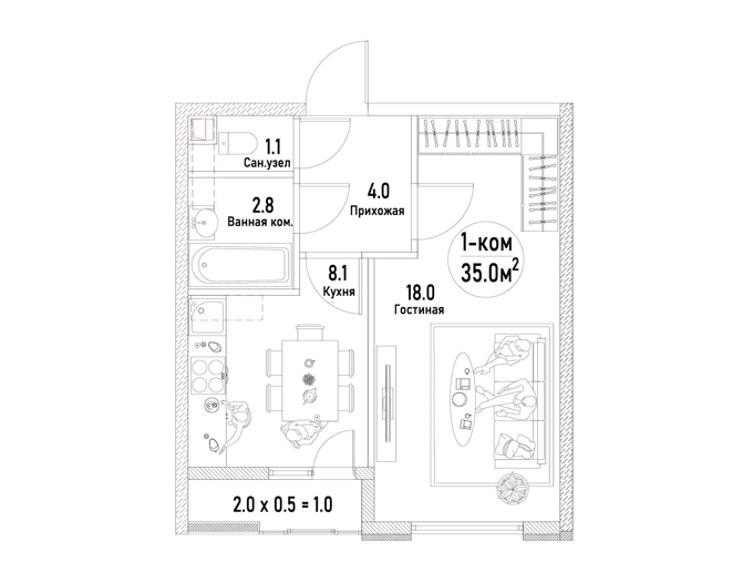 Планировка 1-комнатные квартиры, 34.8 m2 в ЖК Dostar, в г. с. Бесагаш