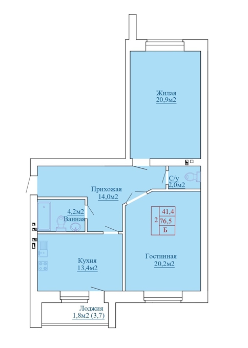 Планировка 2-комнатные квартиры, 76.5 m2 в ЖК Достар 2, в г. Актобе