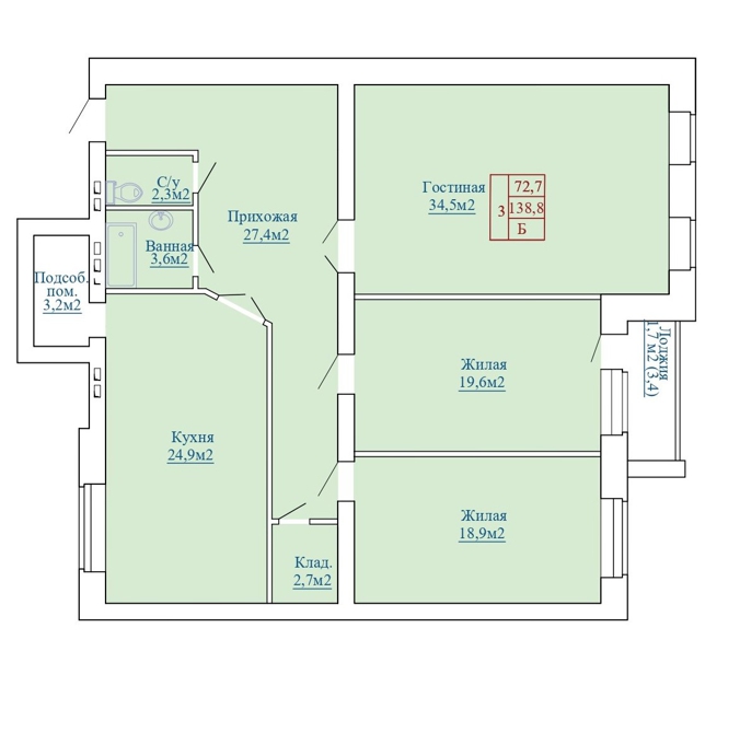 Планировка 3-комнатные квартиры, 138.8 m2 в ЖК Достар 2, в г. Актобе