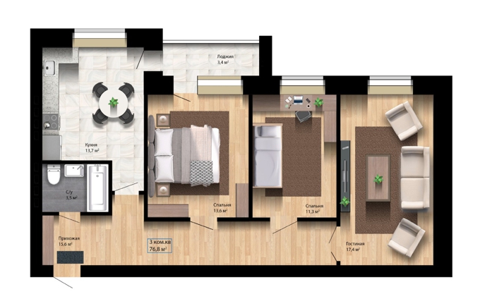 Планировка 3-комнатные квартиры, 76.8 m2 в ЖК Достар 2, в г. Актобе