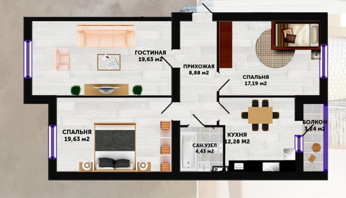 Планировка 3-комнатные квартиры, 89.55 m2 в ЖК 7Qazyna, в г. Актау