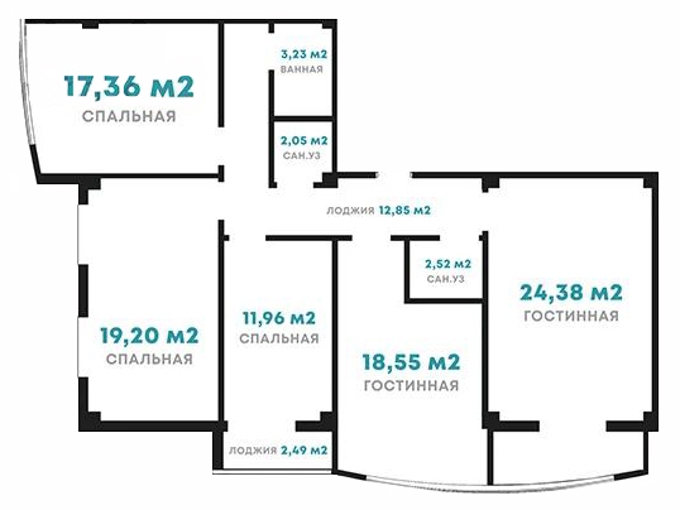 Планировка 4-комнатные квартиры, 119.02 m2 в ЖК Baisanat Residence, в г. Атырау