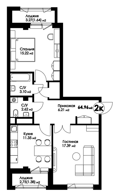 Планировка 2-комнатные квартиры, 64.96 m2 в ЖК Amanat, в г. Нур-Султана (Астаны)
