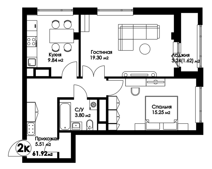 Планировка 2-комнатные квартиры, 61.92 m2 в ЖК Amanat, в г. Нур-Султана (Астаны)