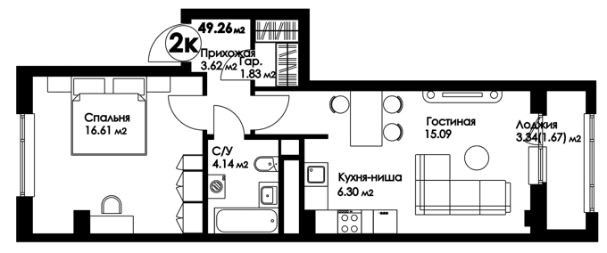 Планировка 2-комнатные квартиры, 49.26 m2 в ЖК Amanat, в г. Нур-Султана (Астаны)