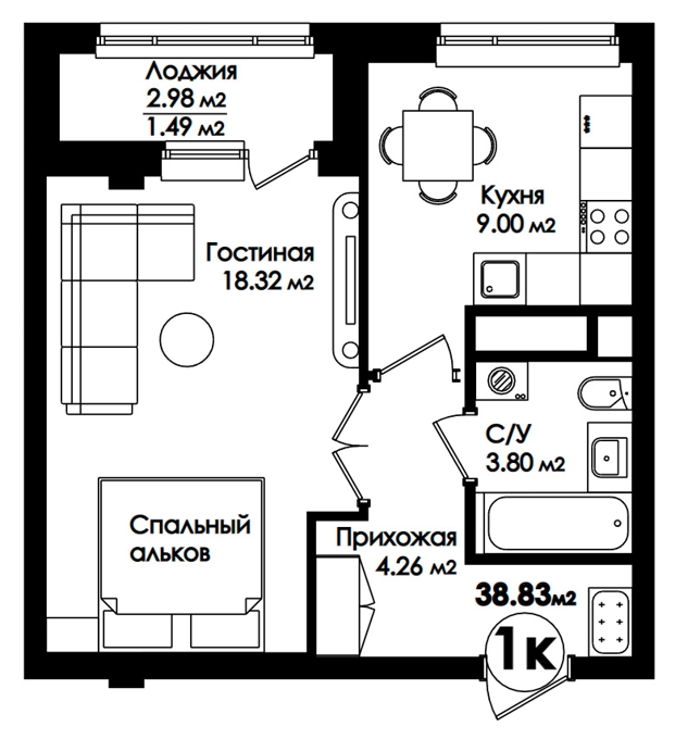 Планировка 1-комнатные квартиры, 38.83 m2 в ЖК Amanat, в г. Нур-Султана (Астаны)