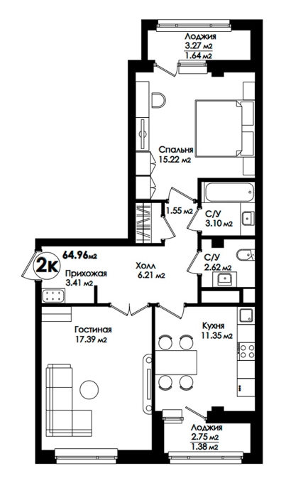 Планировка 2-комнатные квартиры, 65.2 m2 в ЖК Amanat, в г. Нур-Султана (Астаны)