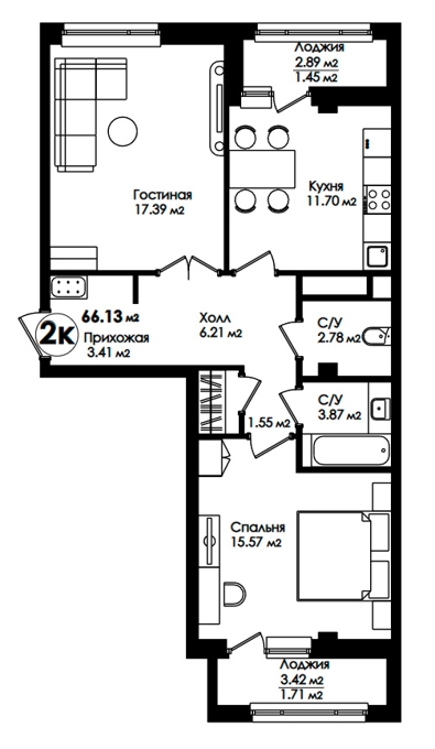 Планировка 2-комнатные квартиры, 66.13 m2 в ЖК Amanat, в г. Нур-Султана (Астаны)