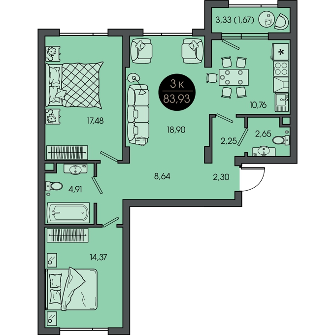 Планировка 3-комнатные квартиры, 83.93 m2 в ЖК Sensata City, в г. Алматы