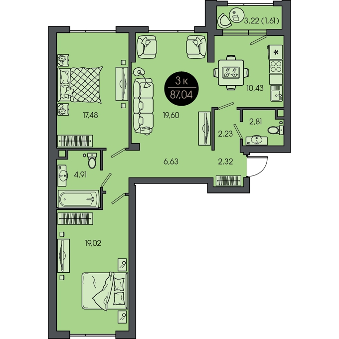 Планировка 3-комнатные квартиры, 87.04 m2 в ЖК Sensata City, в г. Алматы