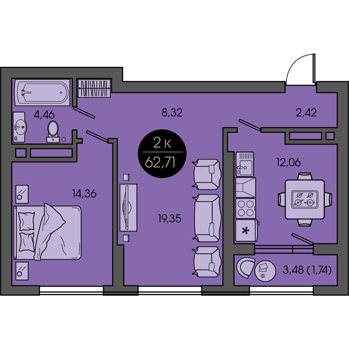Планировка 2-комнатные квартиры, 62.71 m2 в ЖК Sensata City, в г. Алматы