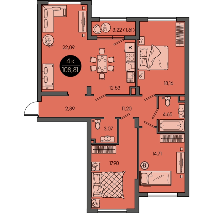 Планировка 4-комнатные квартиры, 108.81 m2 в ЖК Sensata City, в г. Алматы